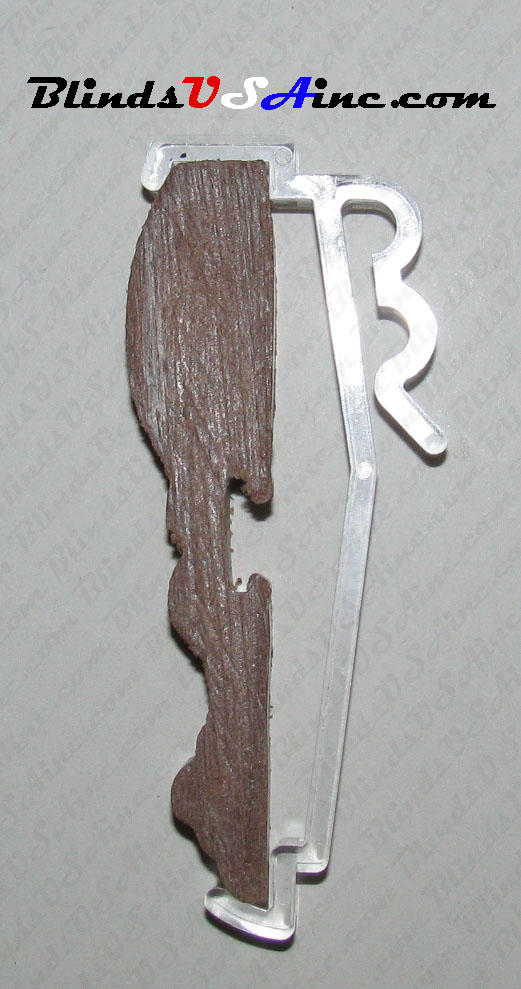 valance clip item # HCL-325-7, showing profile image of clip attached to a crown royal wood valance