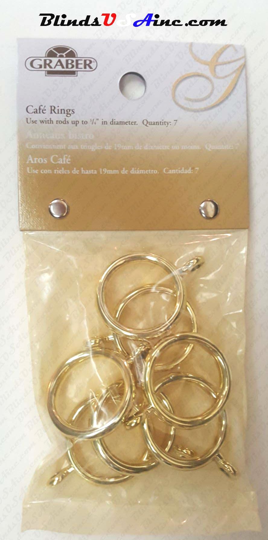 Graber 3/4" Cafe' Rings with Eyelet, finish brass, pack of 7, Part # 5-840-8
